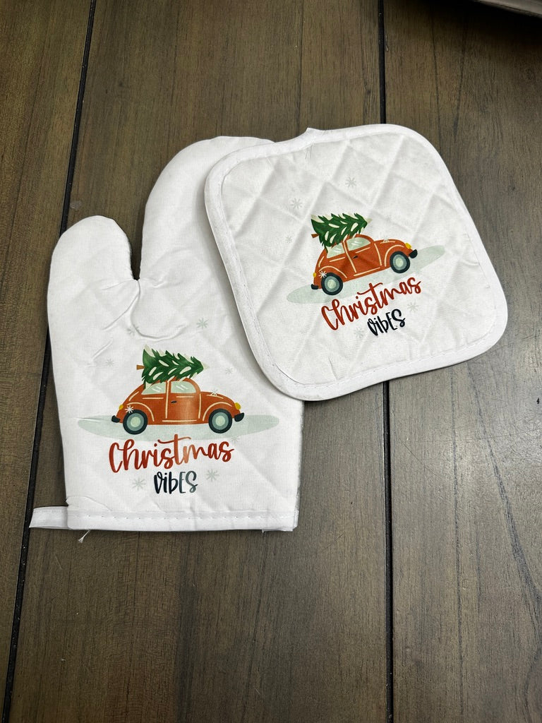 Christmas vibes oven mitt & pot holder set