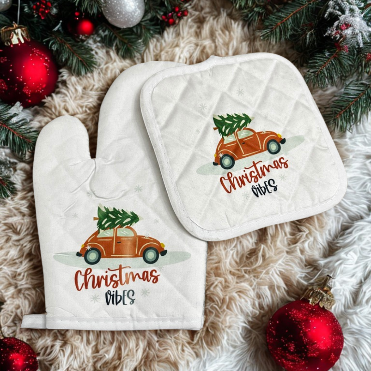 Christmas vibes oven mitt & pot holder set