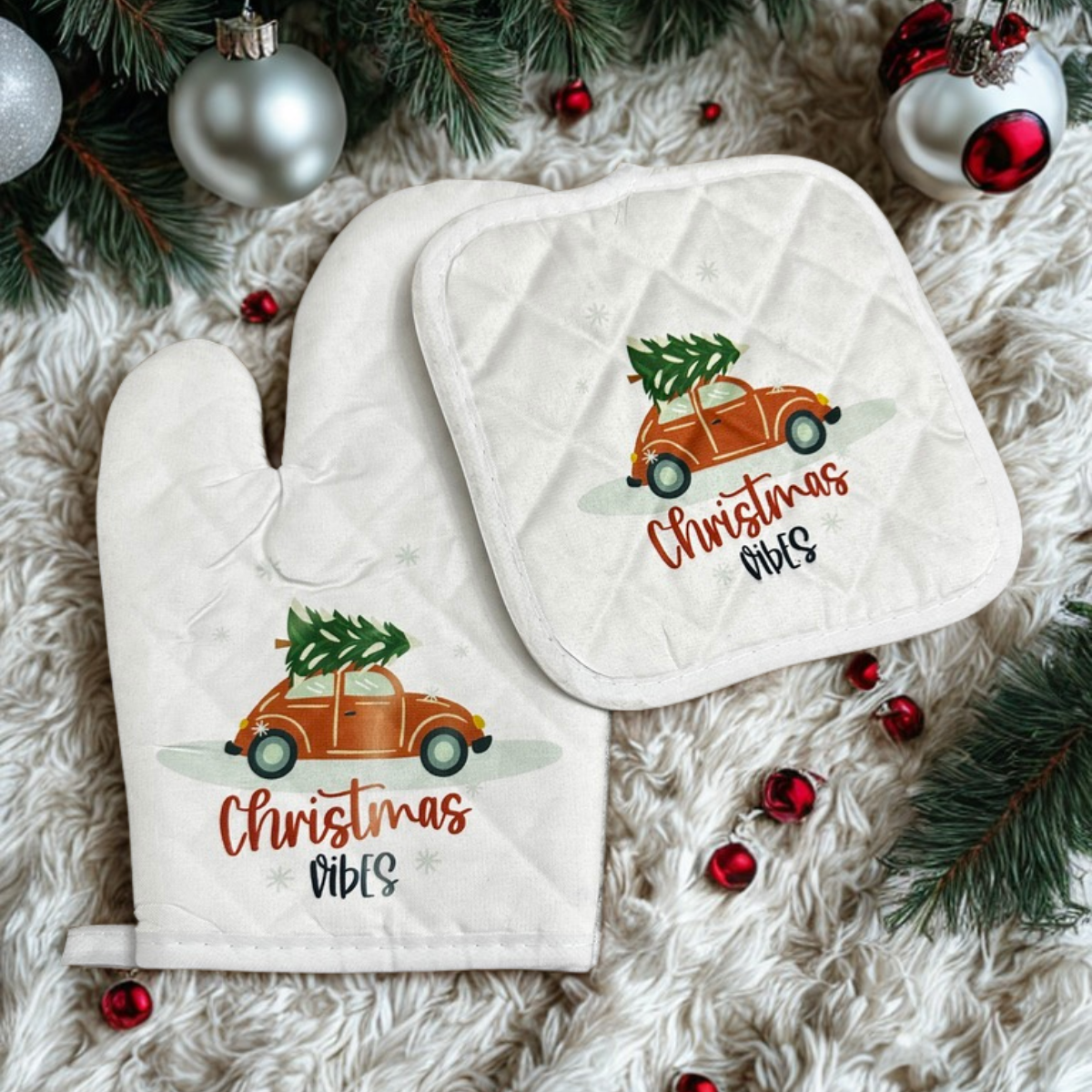 Christmas vibes oven mitt & pot holder set