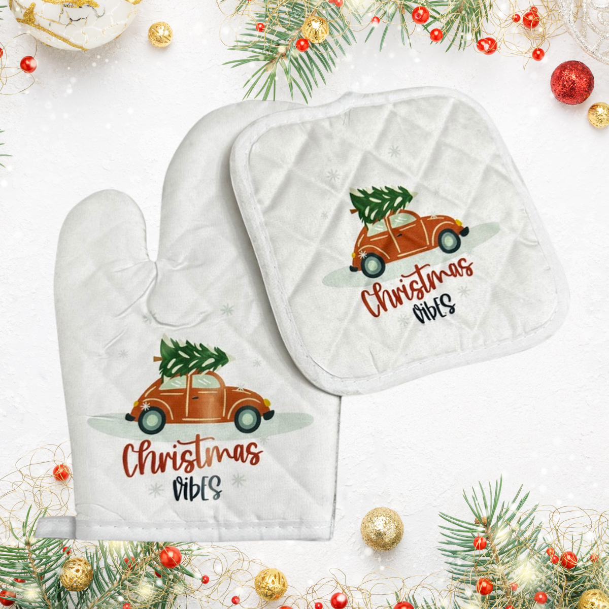 Christmas vibes oven mitt & pot holder set