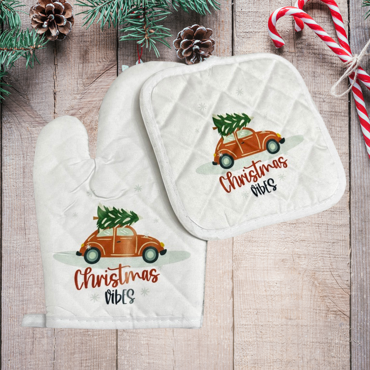 Christmas vibes oven mitt & pot holder set