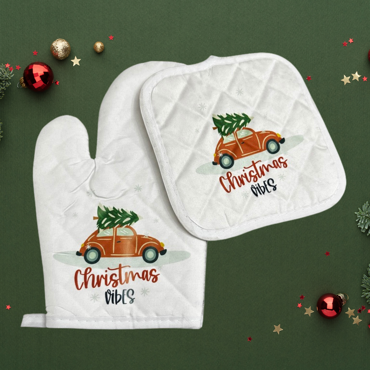 Christmas vibes oven mitt & pot holder set