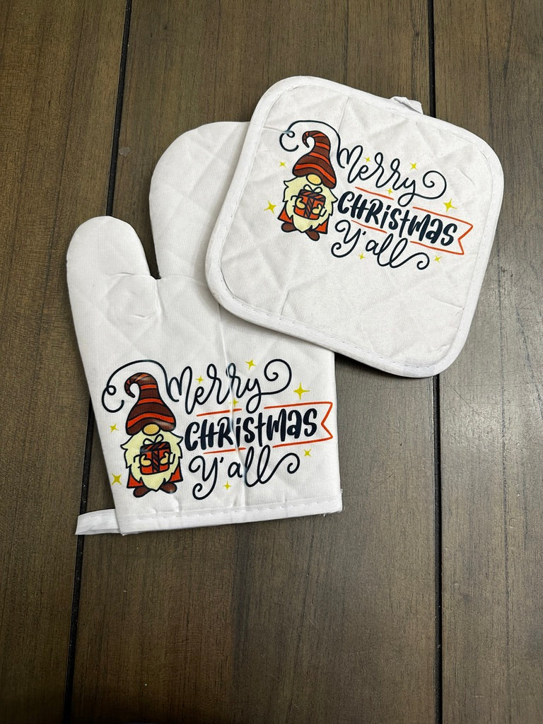 Merry Christmas y’all oven mitt pot holder set
